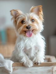 Portrait of yorkshire terrier puppy dog sit and smile cheerful