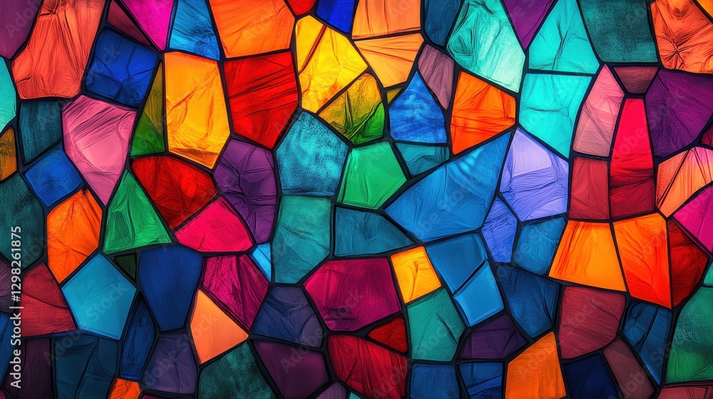 Poster a vibrant mosaic of colorful glass pieces, showcasing an array of hues in a stunning, abstract patte