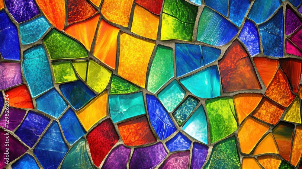 Poster a vibrant mosaic of colorful glass pieces arranged in a stunning pattern, showcasing an array of hue
