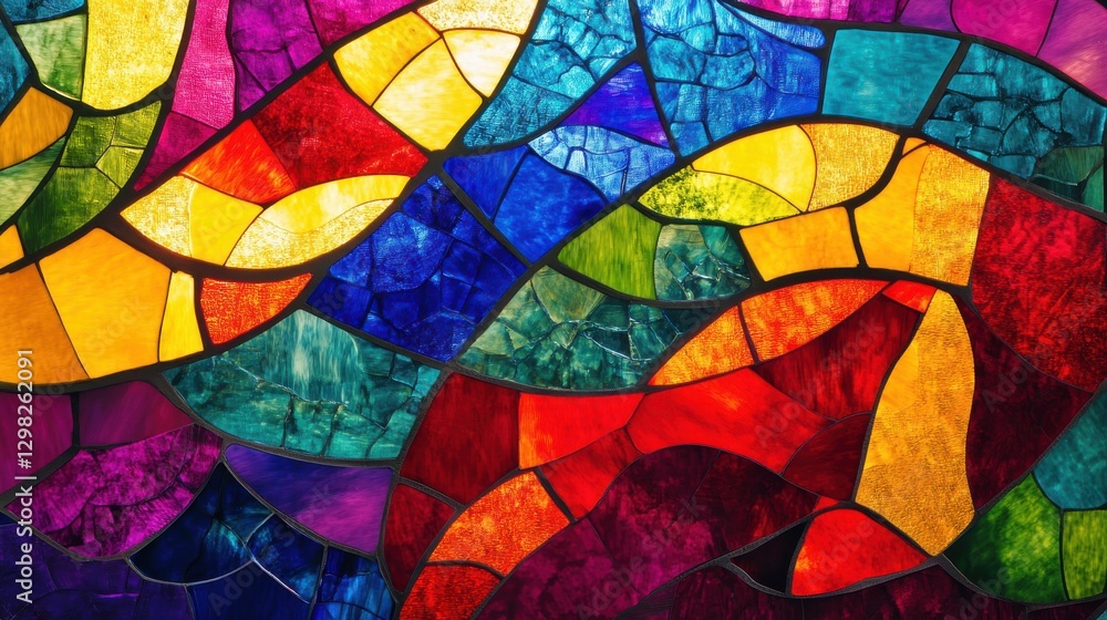 Poster a vibrant stained glass artwork featuring flowing shapes and a rich palette of colors, creating a dy