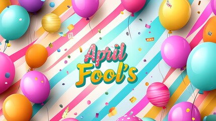 An April Fools' Day scene features diagonal pastel stripes as background, with colorful balloons floating and confetti scattered. The bold "April Fools'" text adds to the playful and festive mood.