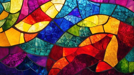 A vibrant stained glass artwork featuring flowing shapes and a rich palette of colors, creating a dynamic visual experience.