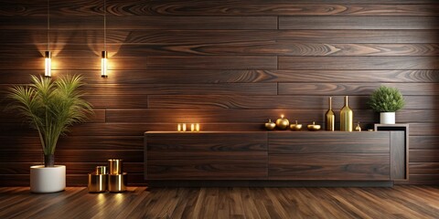 Warm Evening Glow  Modern Interior Design with Dark Wood Paneling, Gold Accents, and Soft Lighting