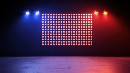 vibrant LED panel glows in high tech concert setting, with red and blue lights