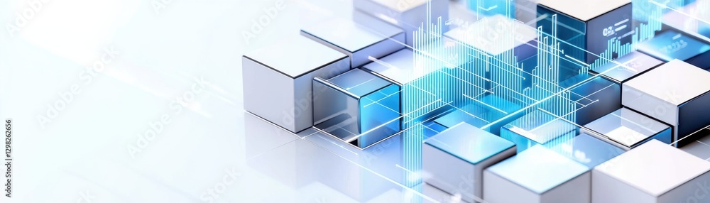 Poster a futuristic digital landscape featuring interconnected cubes and glowing data patterns, symbolizing
