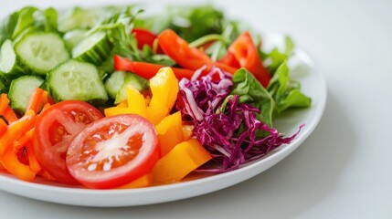 Fresh and Colorful Salad with Cucumbers, Tomatoes, Bell Peppers, and Leafy Greens on a White Plate