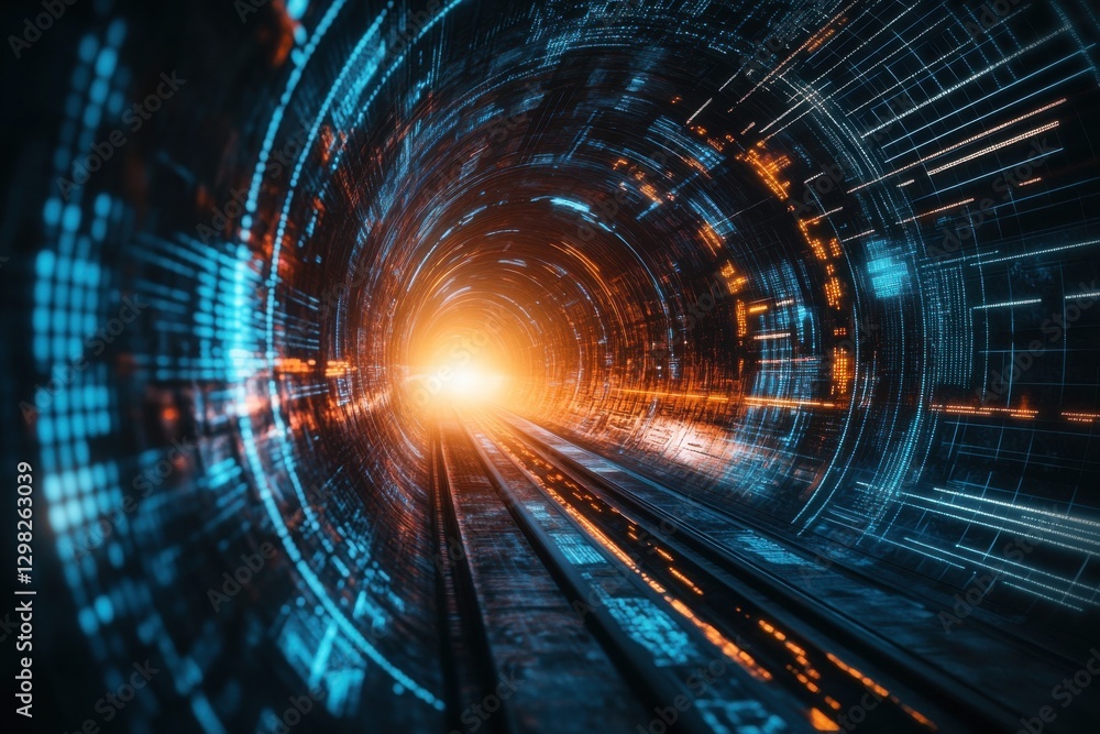 Poster a futuristic tunnel illuminated by a bright light at the end, featuring glowing patterns and vibrant