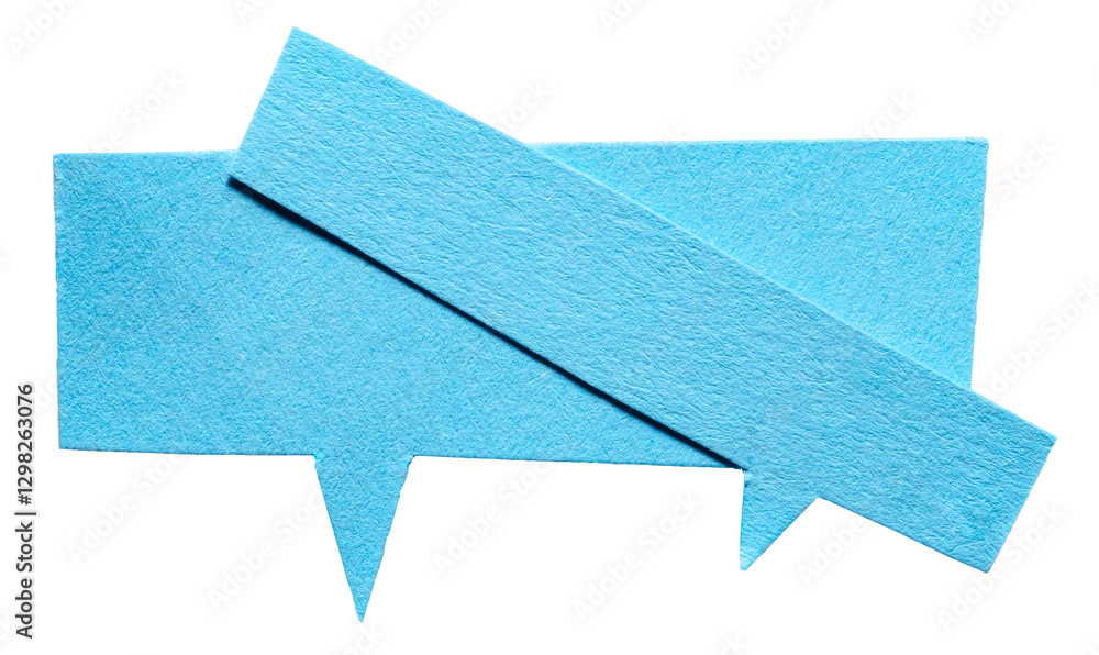 Poster blue blank cut out cardboard paper speech bubbles with rough edges and copy space for text on transp