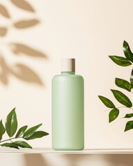 Minimalist skincare product packaging with neutral backdrop concept. A green cosmetic bottle surrounded by leaves and soft shadows