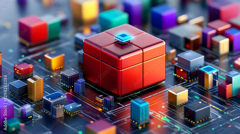 Poster abstract 3d red cube on circuit board