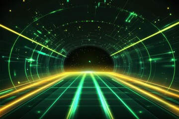 Obraz premium A vibrant digital tunnel with green and yellow light streaks, creating a futuristic and dynamic atmosphere.
