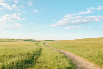 Obraz premium Beautiful green grass field with a winding path under blue skies
