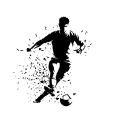 Football player kicking ball, soccer, isolated vector silhouette with distortion effect, high contrast clipart