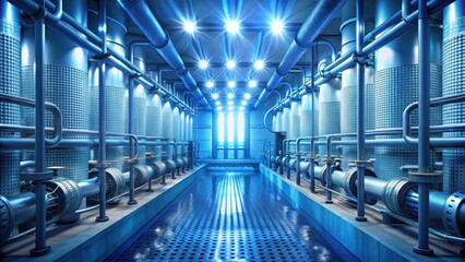 Naklejka premium Industrial Facility A Futuristic Processing Plant with Cylindrical Vessels and Extensive Piping System