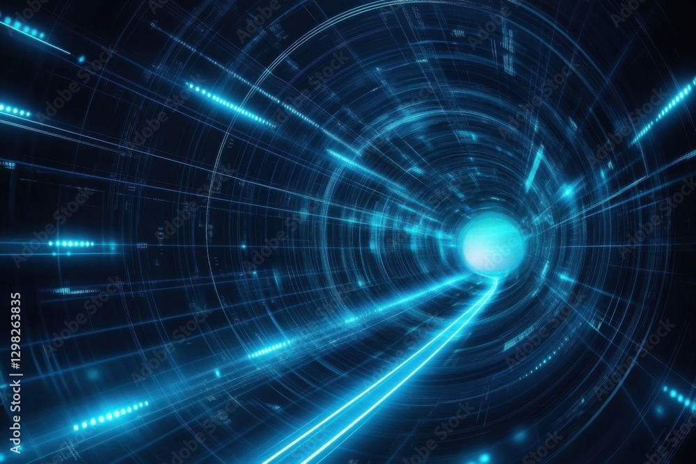 Poster a futuristic, abstract representation of light and energy beams converging towards a central point, 