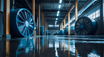 Obraz premium A warehouse of Industrial fans in water extraction and moisture control. 