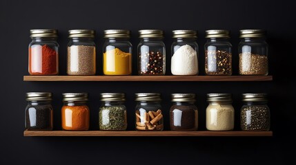 A spice rack with neatly labeled jars on a black background