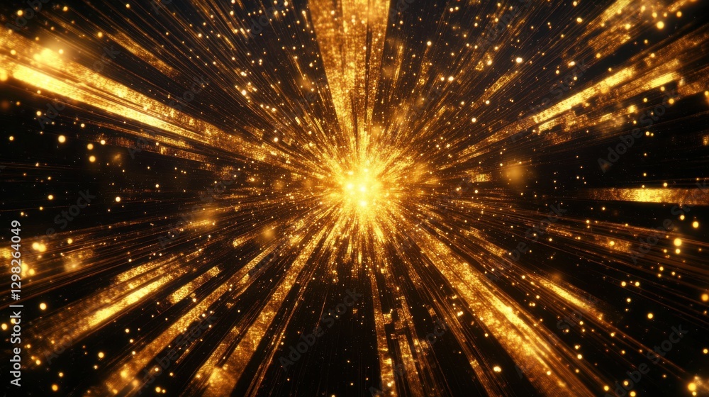 Poster a dazzling burst of golden light radiates outward, creating a dynamic explosion of particles against