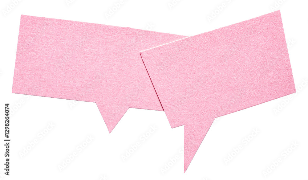 Poster pink blank cut out cardboard paper speech bubbles with rough edges and copy space for text on transp