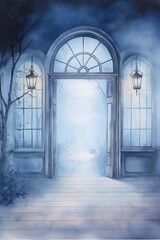 Serene Blue Entrance A Tranquil Watercolor Painting