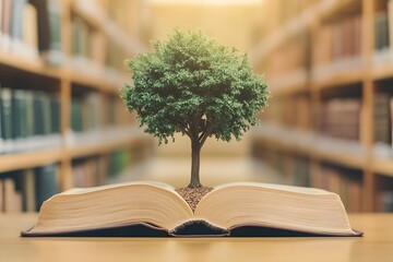 Tree Growing from Open Book in Library