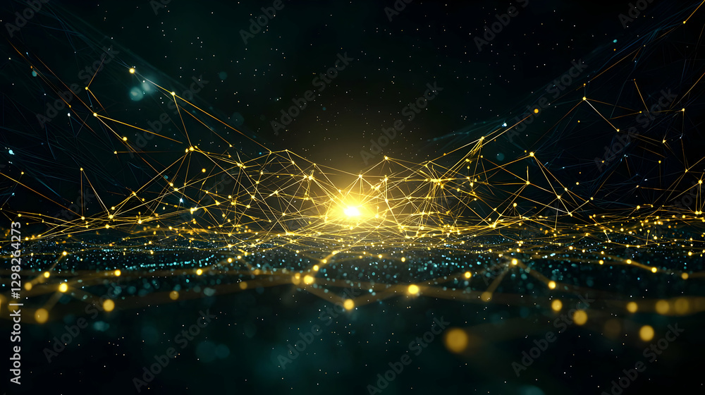 Poster abstract network data flow with glowing dots and lines in dark blue and yellow light
