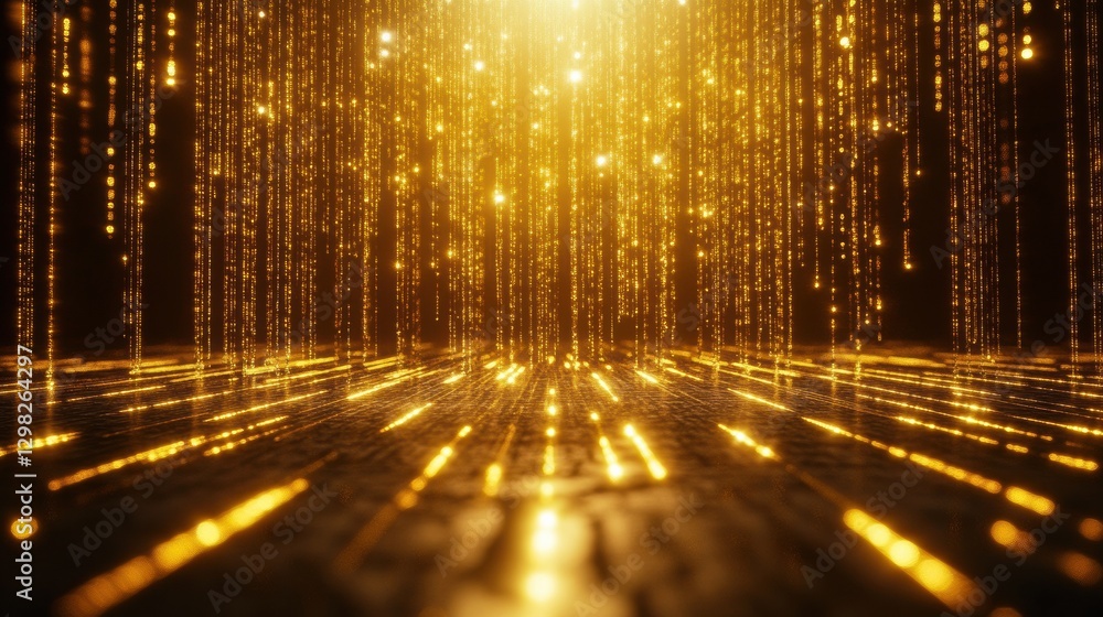 Poster a dazzling scene featuring vertical streams of golden light cascading downwards, creating a magical 