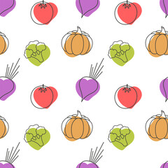 Garden vegetables pattern, healthy eating, eco bio concept, stylized fruits pumpkin beet tomato broccoli. Healthy background.