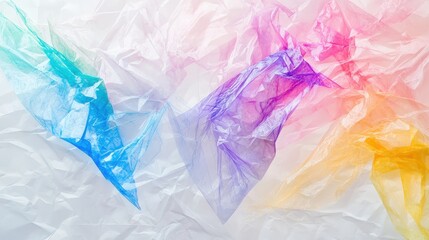 Obraz premium Three colorful plastic bags, each with unique patterns, rest on a wooden table. The bags are slightly crumpled, showcasing their lightweight material, and sunlight casts soft shadows around them.