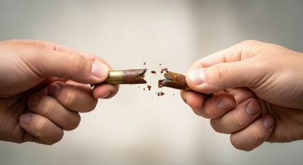 Two hands breaking cigarette, symbolizing quitting smoking or anti-smoking