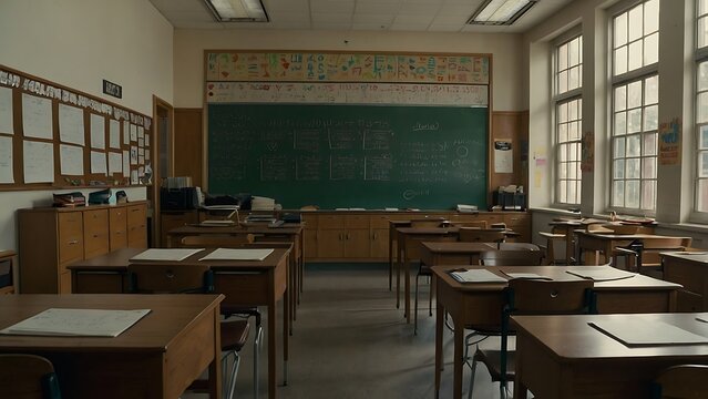 Traditional academic classroom with a teacher desk, chalkboards and neat student desks