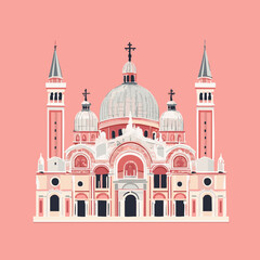 Fototapeta premium Vector Illustration of a Majestic Cathedral with Domes and Spires on a Soft Pink Background, Ideal for Travel and Architecture Themes