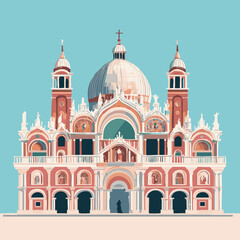 Fototapeta premium Vector illustration of a historic church with detailed architecture, featuring domes and ornate designs in warm colors, perfect for travel themes.