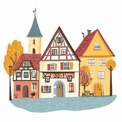Colorful vector illustration of charming houses with autumn trees, perfect for home decor or seasonal themes.