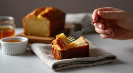 Hand holding fork with piece of cake, slice on cloth