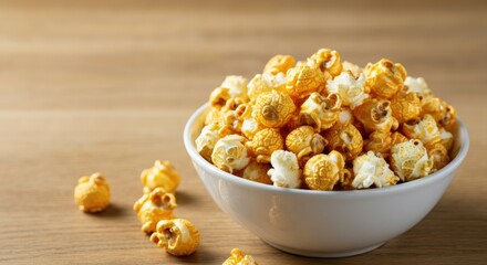 Bowl of mixed caramel and regular popcorn on wooden table