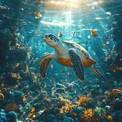 Obraz premium A breathtaking underwater scene where a massive net collects floating plastic waste, preventing pollution. Sea turtles and fish swim freely in crystal-clear water.