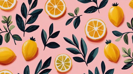 Vibrant Lemon and Leaf Pattern on a Pink Background for Fresh and Artistic Designs