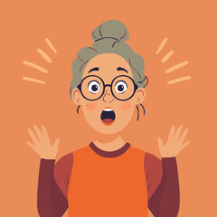 Obraz premium Vector Illustration of an Excited Woman with Grey Hair and Glasses, Ideal for Emotional Expressions or Social Themes