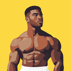 Fototapeta premium Vector illustration of a muscular man with a confident expression against a vibrant yellow background, ideal for fitness promotion.