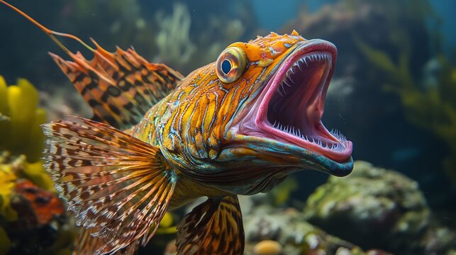 Fierce Sarcastic Fringehead fish opening its enormous colorful mouth in an aggressive display its body covered in intricate patterns an underwater battle for territory