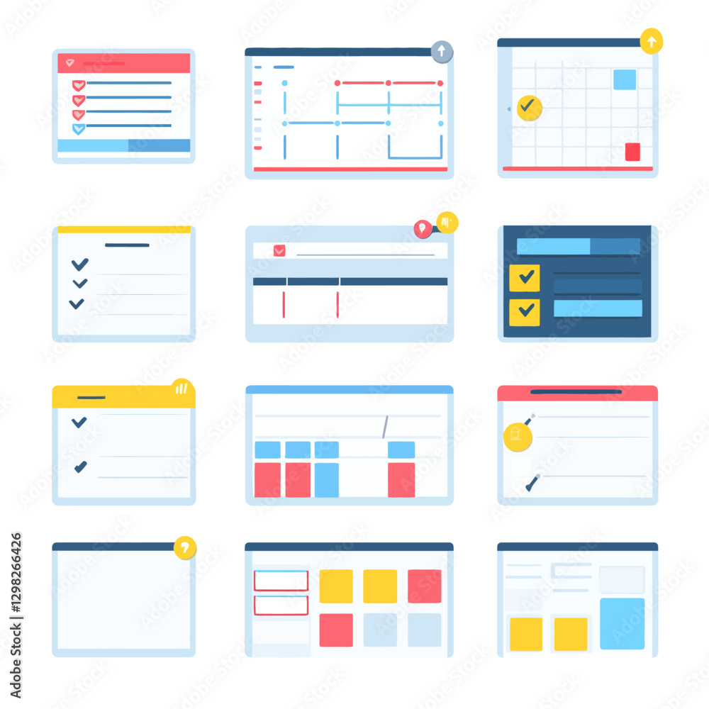 Poster planning and task management application ui set with timelines and calendars