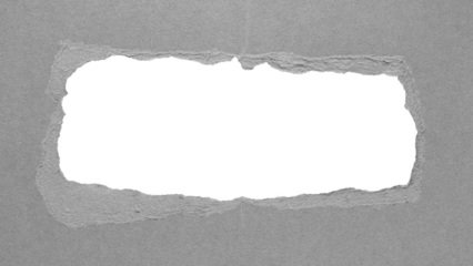 Grey torn paper or cardboard message backdrop with rough edges and blank copy space for text in the middle, png template on transparent background design element