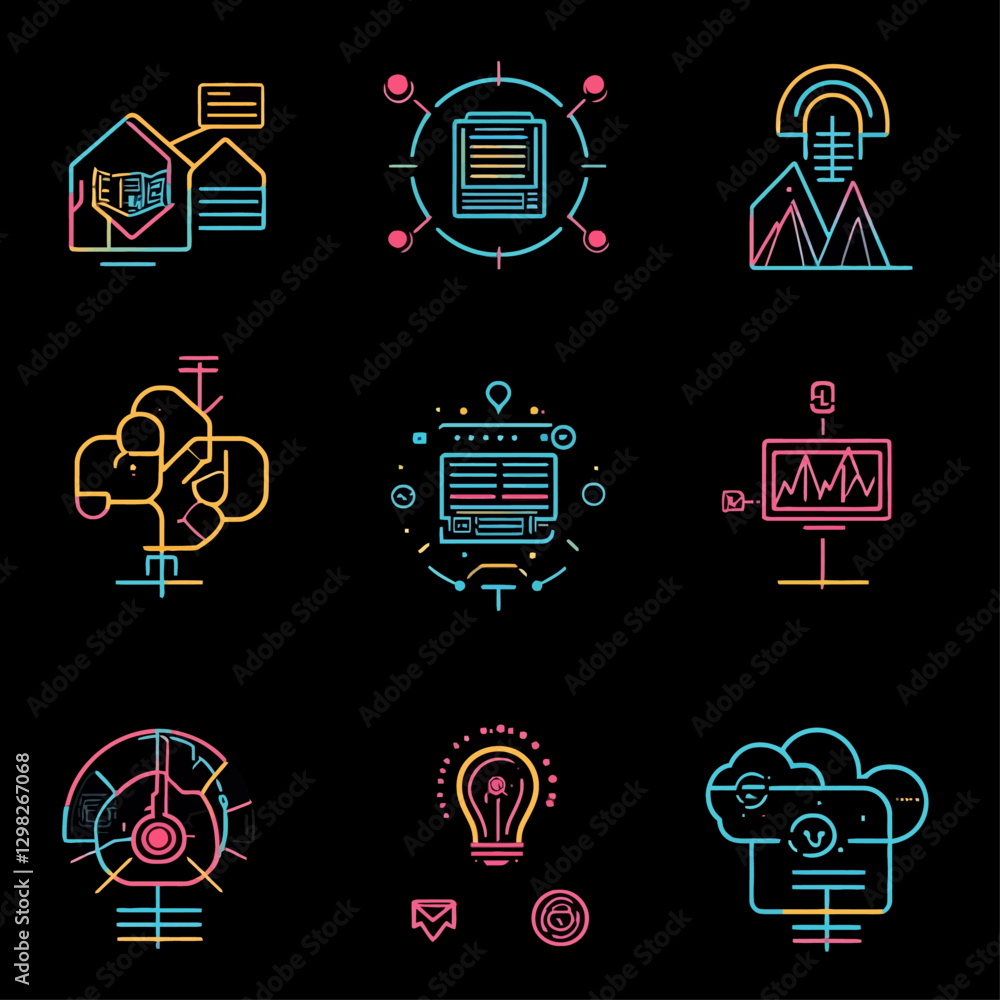 Poster neon data analysis digital network icons on black background design