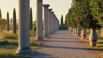 Serene Pathway with Columns and Greenery