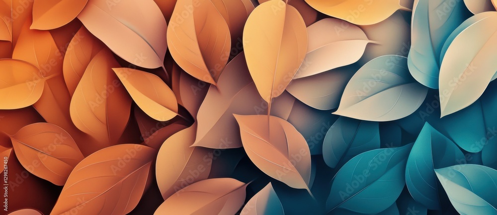 Aufkleber a vibrant array of overlapping leaves in warm oranges and cool blues, creating a visually striking a