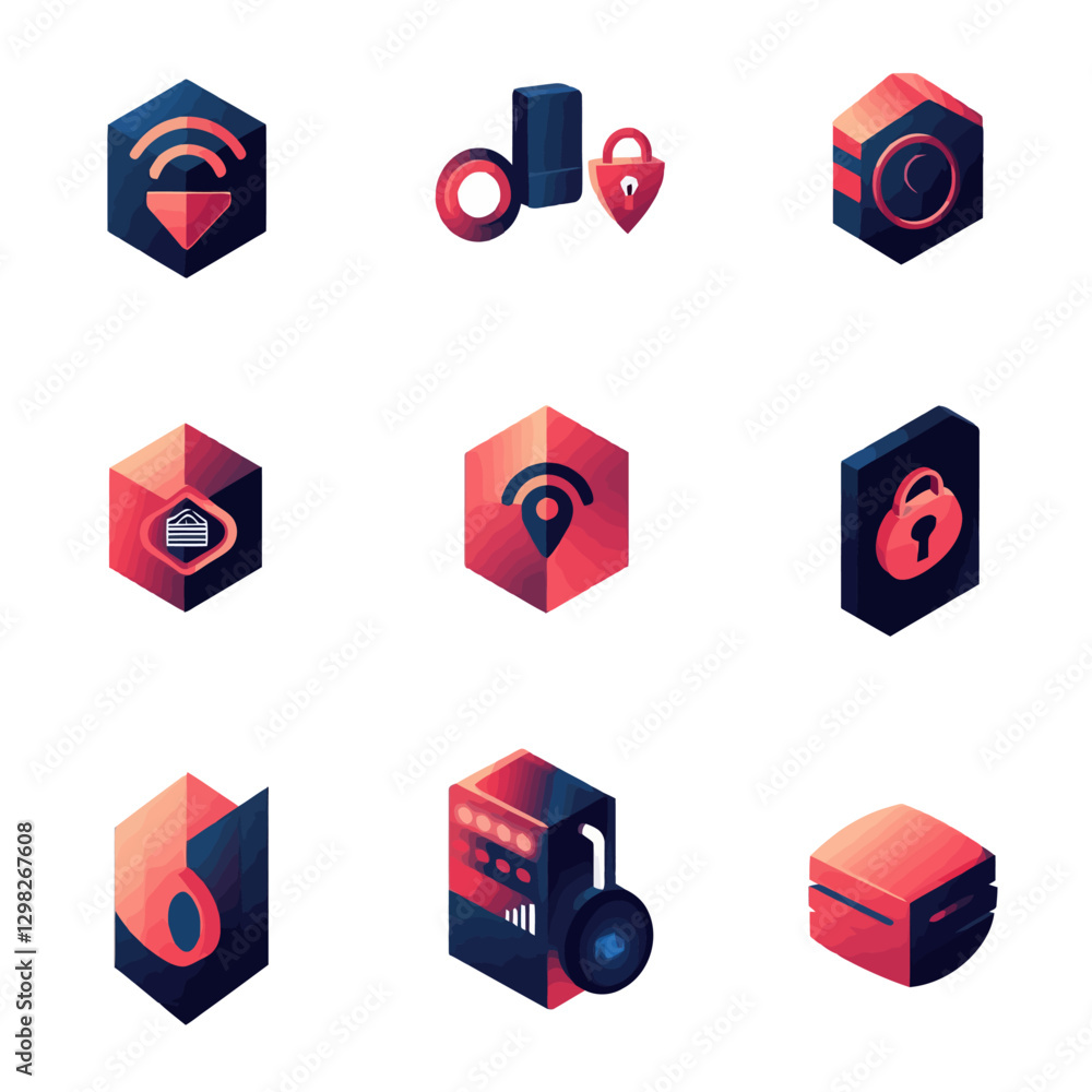 Poster isometric data security icons conveying technology and business concepts