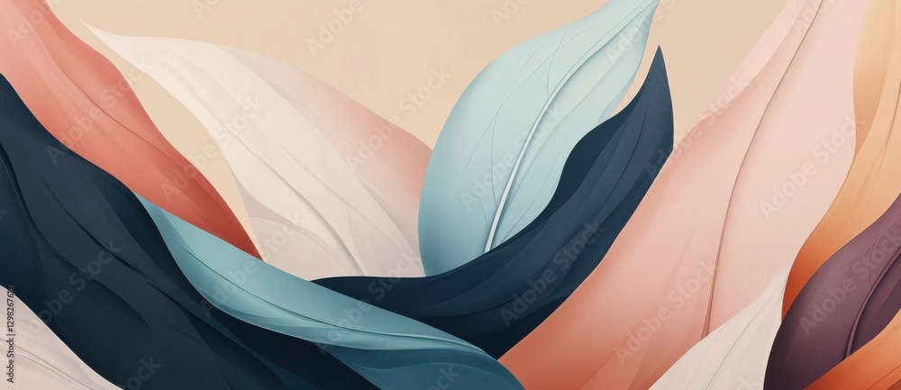 Poster a serene abstract composition featuring flowing, layered leaves in soft pastel colors, creating a tr