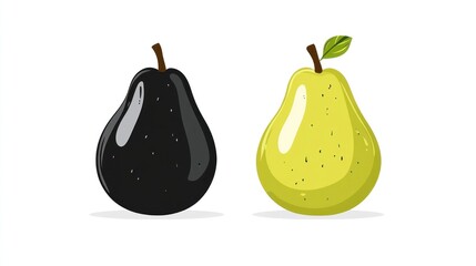 Two pears, black and yellow-green, standing on a white background. Food illustration