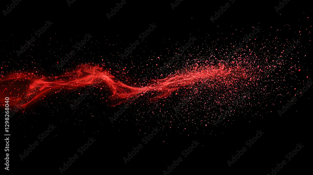 Poster red abstract wave of particles with glowing sparkles on black background